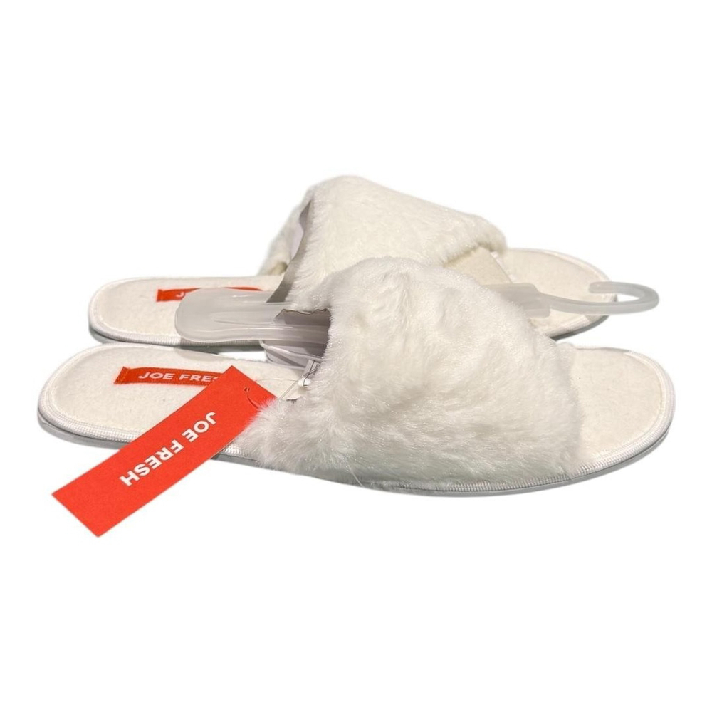 Joe Fresh Slippers Womens Size 6 White Faux Fur Slide House Shoes Fuzzy Cozy